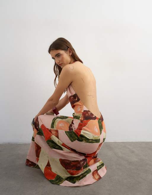 Topshop - Vestito lungo allacciato al collo con stampa astratta e scollo profondo sulla schiena, 2 di 4