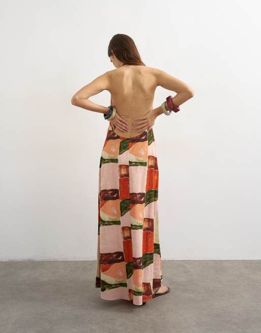 Topshop - Vestito lungo allacciato al collo con stampa astratta e scollo profondo sulla schiena, 4 di 4
