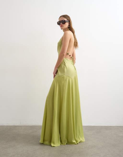 Topshop - Vestito lungo allacciato al collo in raso verde lime con perline sul retro, 2 di 4