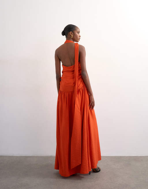 Topshop - Vestito lungo arancione con scollo profondo a sciarpa con dettagli in metallo, 4 di 4