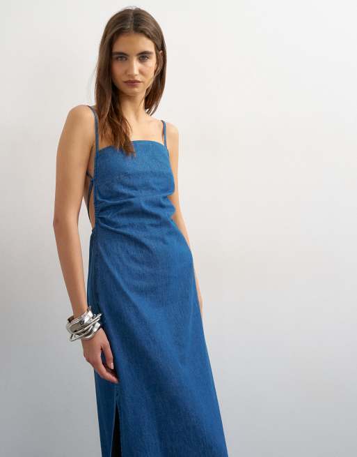 Topshop - Vestito lungo arricciato aperti dietro blu intenso, 4 di 4