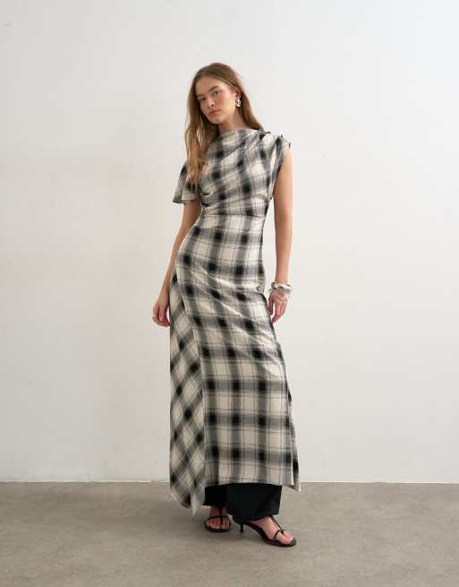 Topshop - Vestito lungo asimmetrico con pieghe laterali e stampa a quadri monocromatica, 2 di 4
