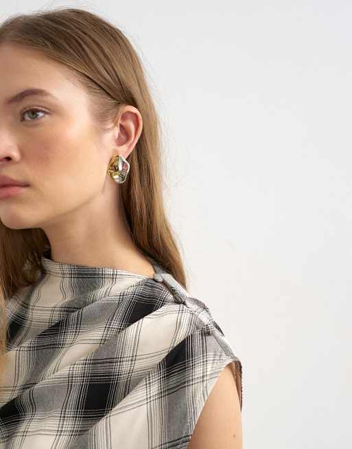 Topshop - Vestito lungo asimmetrico con pieghe laterali e stampa a quadri monocromatica, 3 di 4