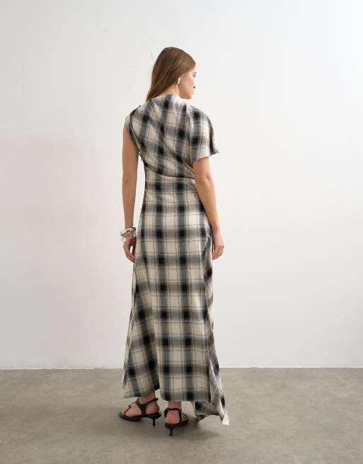 Topshop - Vestito lungo asimmetrico con pieghe laterali e stampa a quadri monocromatica, 4 di 4