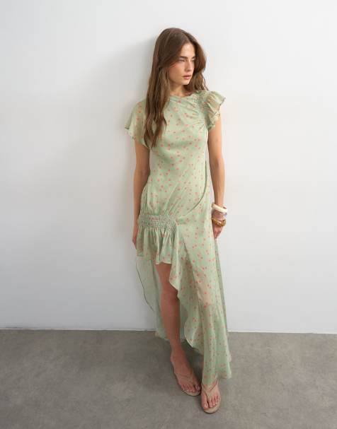 Topshop - Vestito lungo asimmetrico in chiffon verde a pois con dettaglio a punto smock - view 1