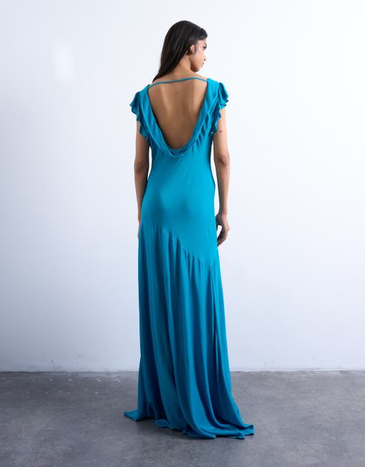 Topshop - Vestito lungo blu airforce con scollo ad anello sul retro e maniche con volant, 2 di 4