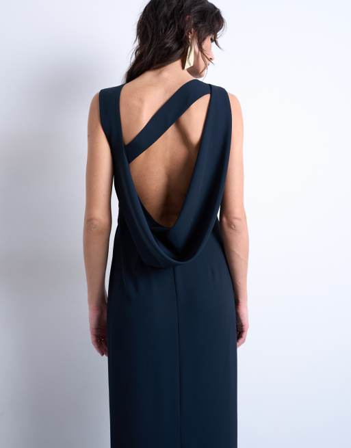 Topshop - Vestito lungo blu navy con scollo a barchetta e schiena drappeggiata, 3 di 4