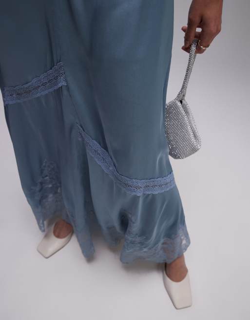 Topshop - Vestito lungo blu pallido con inserti in pizzo, 3 di 4
