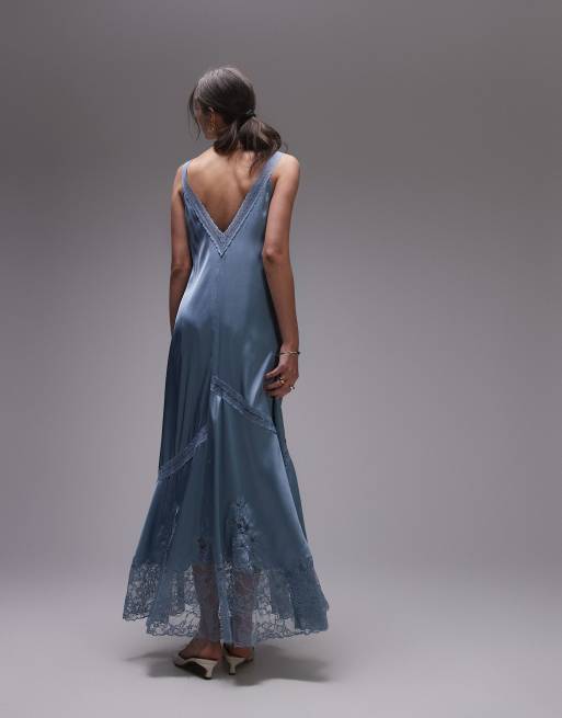 Topshop - Vestito lungo blu pallido con inserti in pizzo, 4 di 4