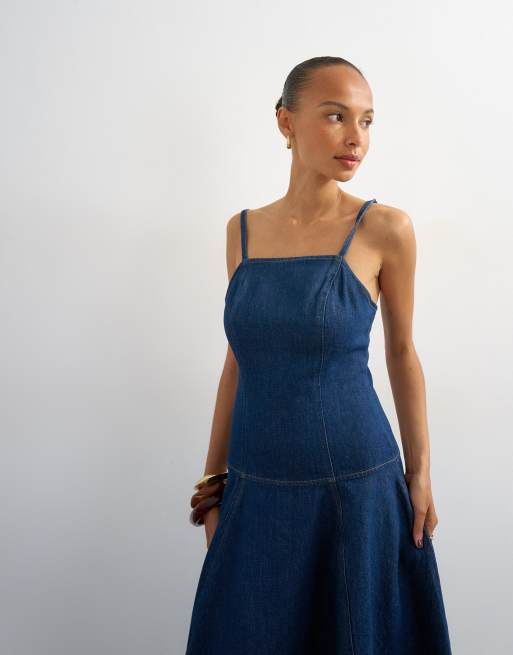 Topshop - Vestito lungo bombato in denim indaco risciacquato, 2 di 4