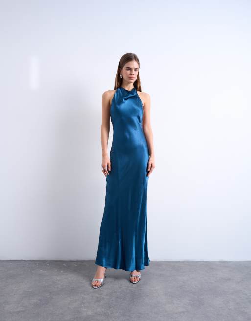 Topshop - Vestito lungo color petrolio con scollo ad anello alto, 4 di 4