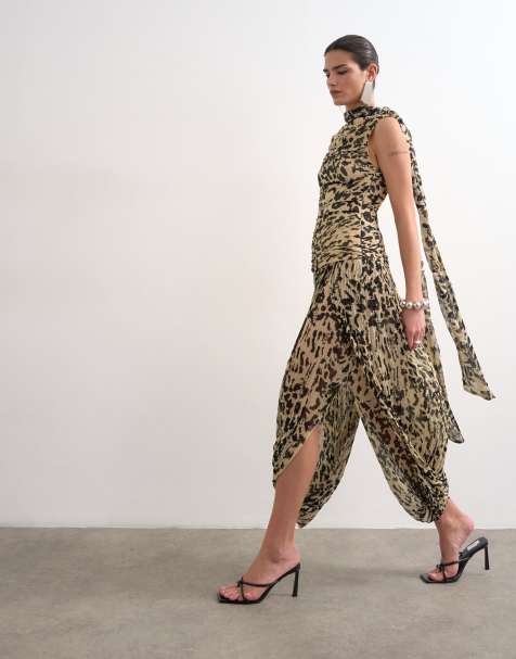 Topshop - Vestito lungo con collo a sciarpa color latticello con stampa animalier astratta - view 1