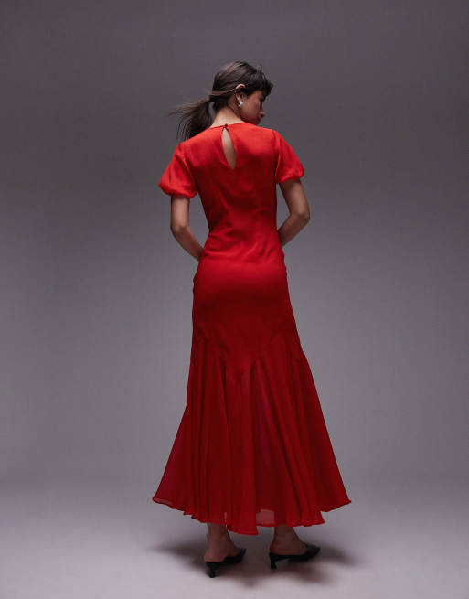 Topshop - Vestito lungo con maniche a sbuffo e fondo voluminoso rosso, 3 di 5