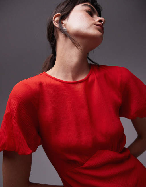 Topshop - Vestito lungo con maniche a sbuffo e fondo voluminoso rosso, 4 di 5