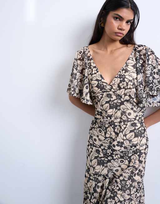 Topshop - Vestito lungo con maniche con volant in chiffon a fiori, 2 di 4