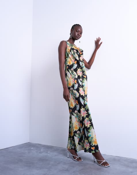 Topshop - Vestito lungo con scollo ad anello alto a fiori vivaci vintage con cuciture - view 1