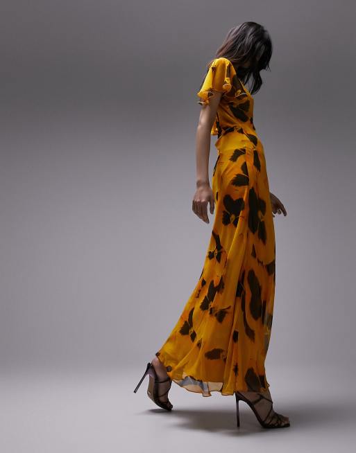 Topshop - Vestito lungo da cerimonia con scollo a V, maniche con volant e stampa multicolore