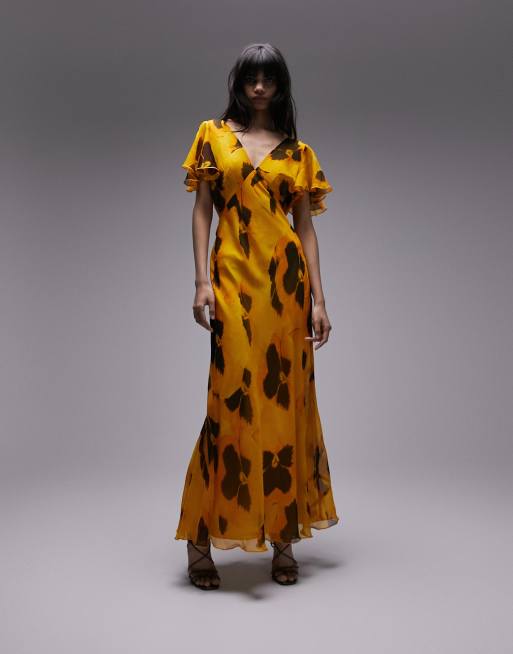 Topshop - Vestito lungo da cerimonia con scollo a V, maniche con volant e stampa multicolore, 4 di 4