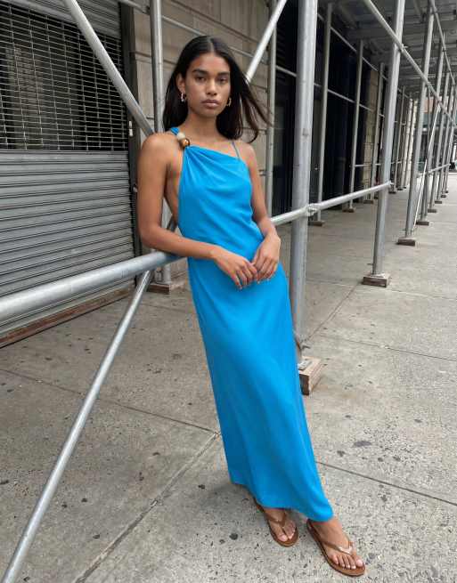 Topshop - Vestito lungo da cerimonia in raso blu con scollo asimmetrico e perline, 10 di 11