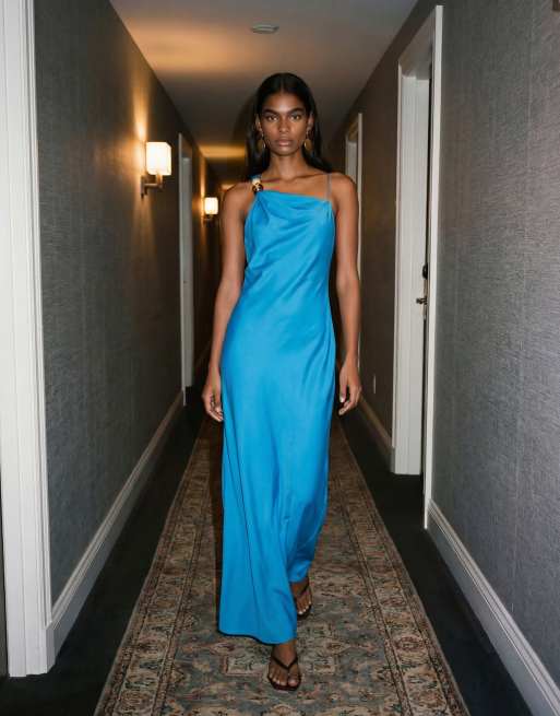 Topshop - Vestito lungo da cerimonia in raso blu con scollo asimmetrico e perline, 11 di 11