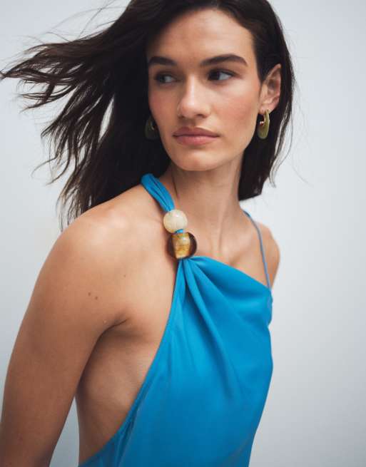 Topshop - Vestito lungo da cerimonia in raso blu con scollo asimmetrico e perline, 3 di 11