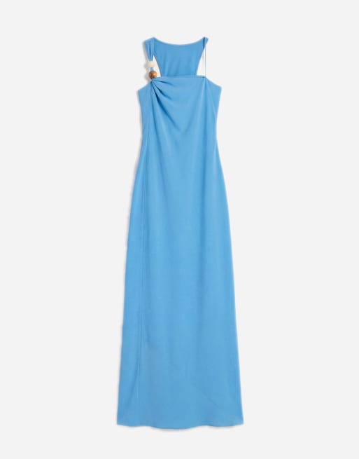 Topshop - Vestito lungo da cerimonia in raso blu con scollo asimmetrico e perline, 5 di 11