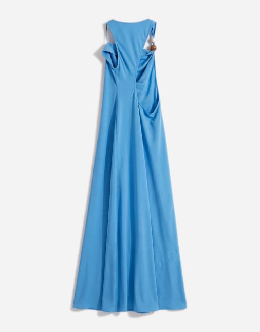 Topshop - Vestito lungo da cerimonia in raso blu con scollo asimmetrico e perline, 6 di 11