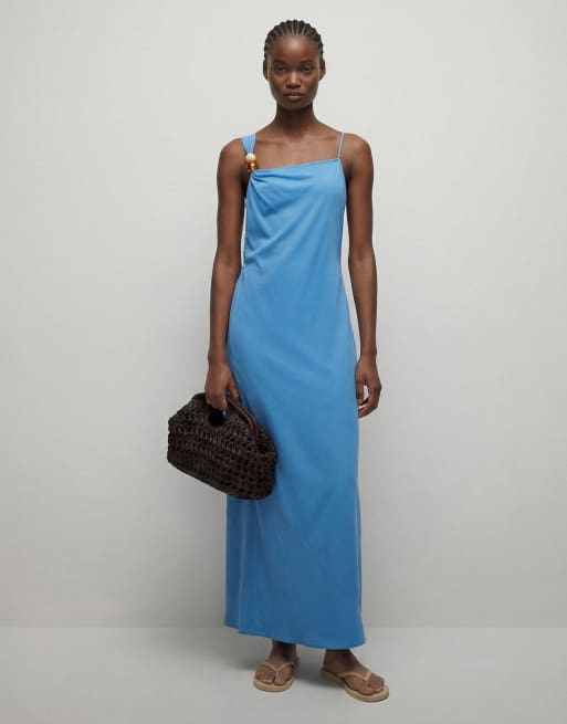 Topshop - Vestito lungo da cerimonia in raso blu con scollo asimmetrico e perline, 8 di 11