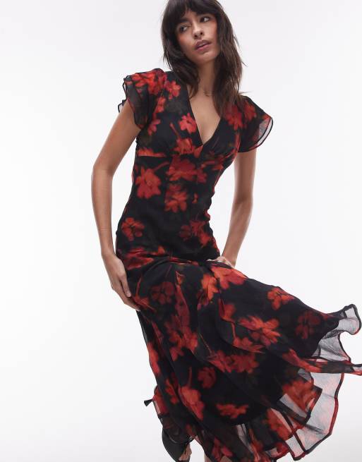 Topshop - Vestito lungo da cerimonia nero con stampa a fiorellini e allacciatura sul retro, 3 di 4