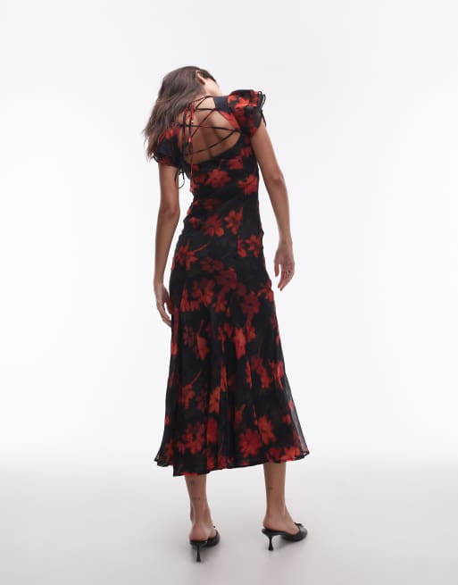 Topshop - Vestito lungo da cerimonia nero con stampa a fiorellini e allacciatura sul retro, 4 di 4