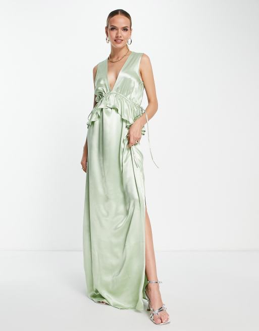 Topshop - Vestito lungo da damigella con volant e peplo verde salvia - LGREEN, 3 di 4