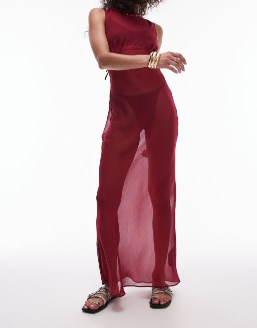 Topshop - Vestito lungo da mare trasparente rosso ciliegia con taglio sbieco 