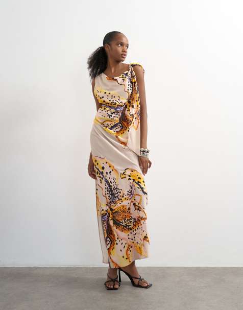 Topshop - Vestito lungo drappeggiato allacciato al collo con stampa di orchidee - view 1