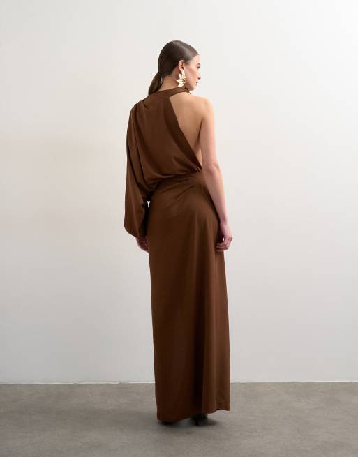 Topshop - Vestito lungo drappeggiato monospalla color cioccolato, 2 di 4