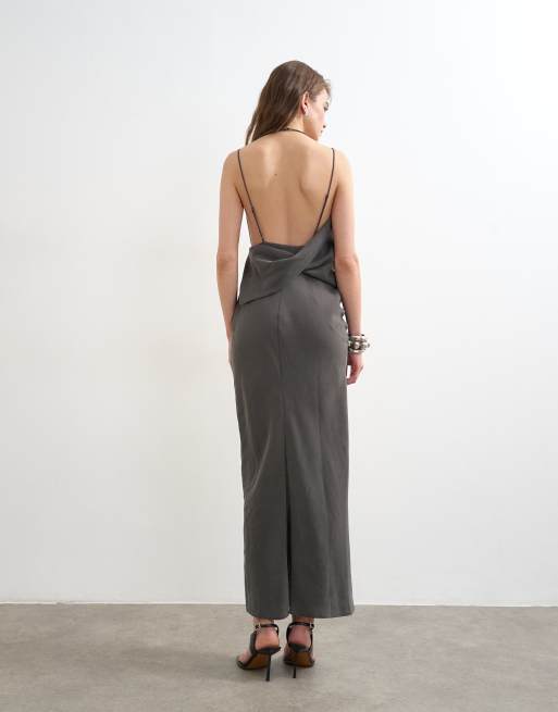 Topshop - Vestito lungo grigio asimmetrico con arricciature laterali, 3 di 4