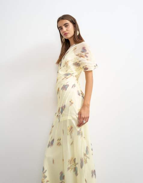 Topshop - Vestito lungo in chiffon color limone con dettagli plissettati e stampa floreale sfocata - view 1