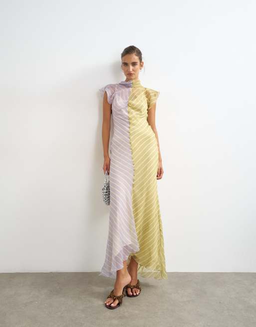 Topshop vestito lungo in chiffon con dettaglio foulard a righe viola e verdi, 1 di 4