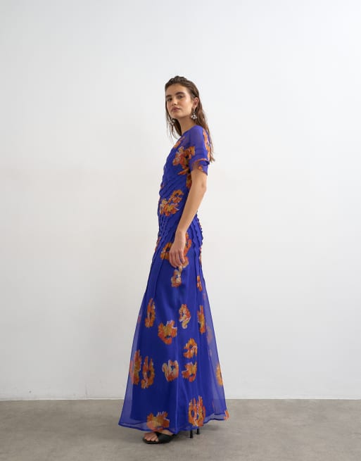 Topshop - Vestito lungo in chiffon con pinces viola e arancione a fiori, 2 di 4