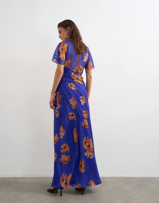 Topshop - Vestito lungo in chiffon con pinces viola e arancione a fiori, 4 di 4