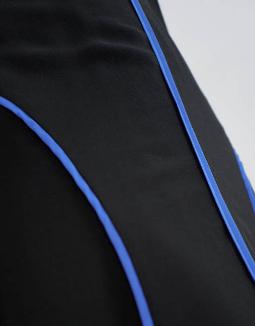 Topshop vestito lungo in chiffon con scollo a V e vita scesa nero con profili blu, 3 di 4