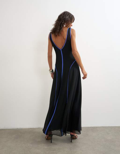 Topshop vestito lungo in chiffon con scollo a V e vita scesa nero con profili blu, 4 di 4