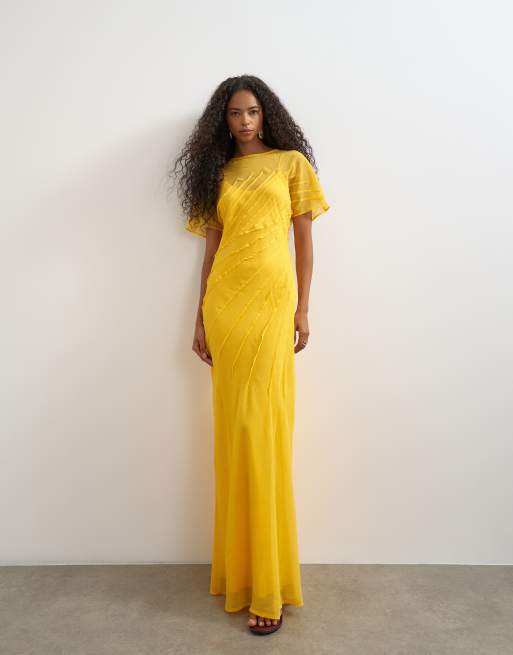 Topshop vestito lungo in chiffon trasparente con dettagli a pieghe sottili in Marigold, 1 di 4