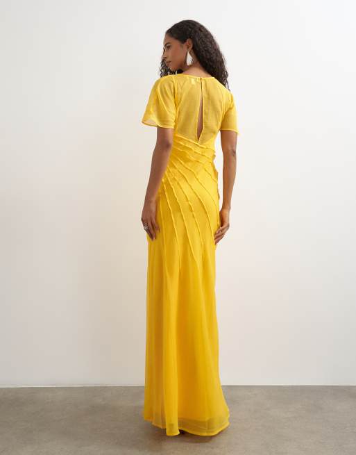 Topshop vestito lungo in chiffon trasparente con dettagli a pieghe sottili in Marigold, 3 di 4