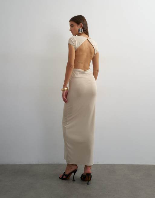 Topshop vestito lungo in cupro a doppio strato con cut-out beige, 2 di 4