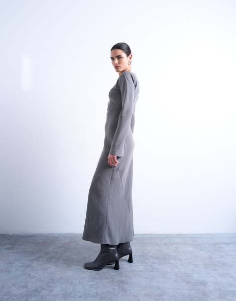 Topshop - Vestito lungo in cupro grigio con scollo a barchetta - view 1