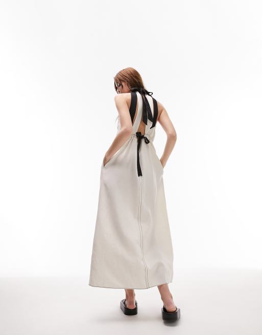 Topshop - Vestito lungo in lino color avorio con laccetto a contrasto 