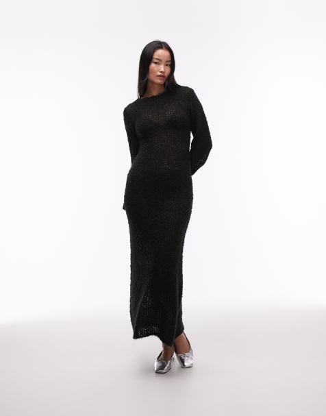 Topshop - Vestito lungo in maglia bouclé traforata nero - view 1