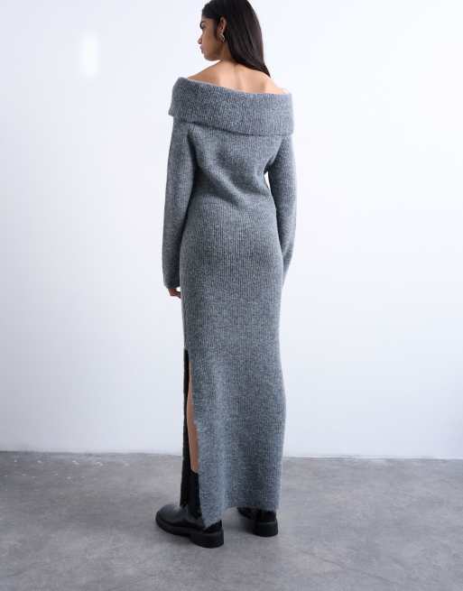 Topshop - Vestito lungo in maglia grigio con scollo alla Bardot, 3 di 4