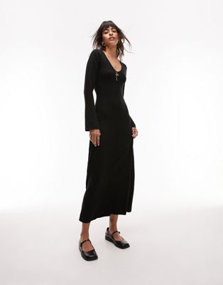 Topshop knitted v-neck flute sleeve maxi dress in black - ASOS Price Checker