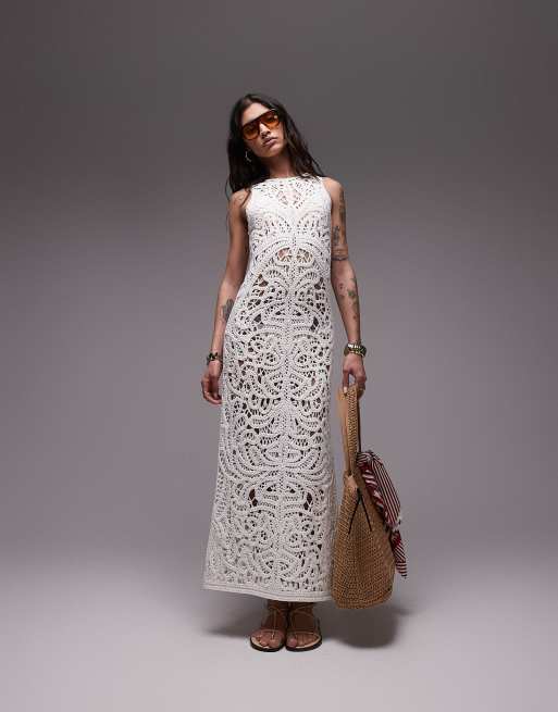 Topshop - Vestito lungo in maglia premium all'uncinetto color avorio